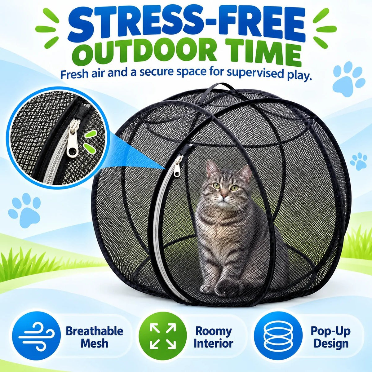 Pop Up Cat Playpen | 32-Inch Breathable Mesh Enclosure for Indoor & Outdoor Use